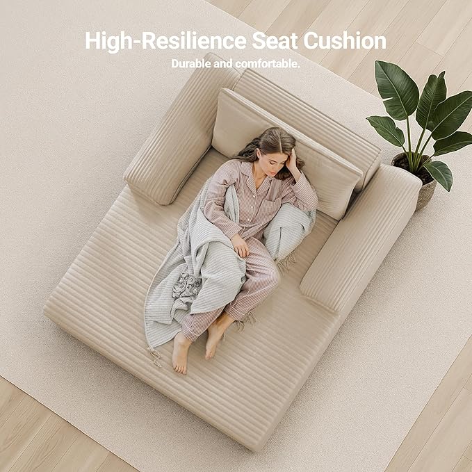 Claiks 68" Oversized Chaise Lounge Chair Indoor, Corduroy Upholstered Boneless Sofa Bed, Deep Seat Sleeper Couch with Pillows and Armrest, Cloud Sofas Reading Chair for Living Room, Khaki