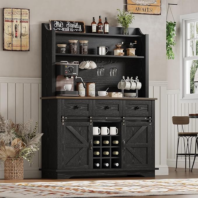 63 Inch Tall Coffee Bar Cabinet with 3-Tier Storage, Kitchen Hutch with 3 Drawers, Farmhouse Coffee Bar with 9 Racks & 3 Glass Holders, Wine Bar Cabinet for Living Dining Room, Black