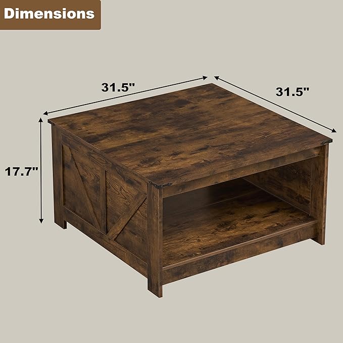 Farmhouse Coffee Table for Living Room, Wood Square Coffee Tables, 31.5" D x 31.5" W, Rustic Brown