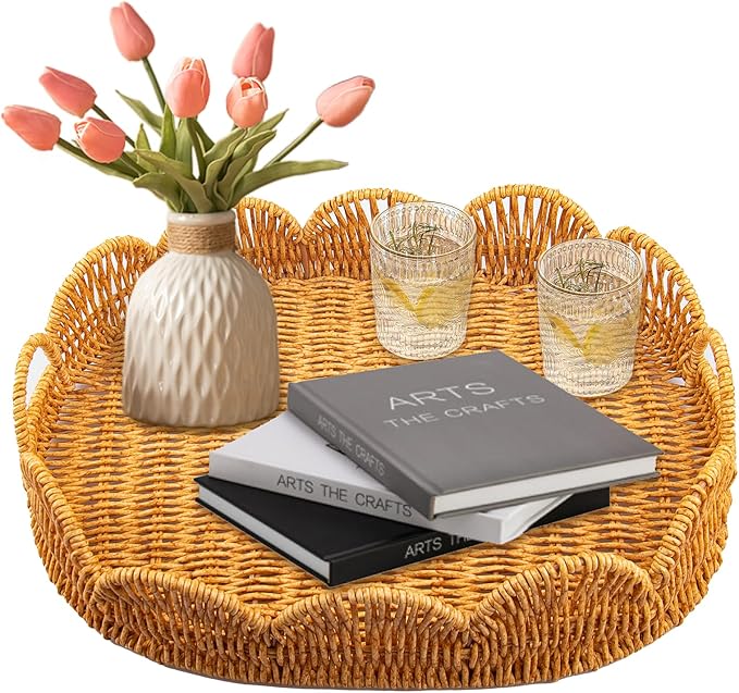 Elliptical Rattan Scalloped Tray, Woven Basket Tray with Bulit-in Handles Scalloped Edges Serving Tray for Coffee Table Living Room Home Decor 14.2" L x 10.9" W x 3.4" H