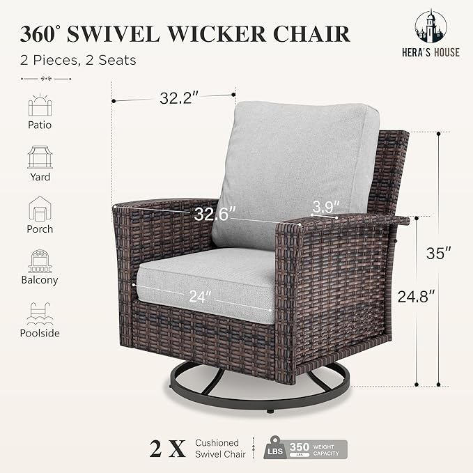 High Back Outdoor Swivel Chairs with 5.5" Thick Cushions, Wicker Rattan Patio Chairs Set of 2, Porch Deck Balcony Backyard Furniture, Grey