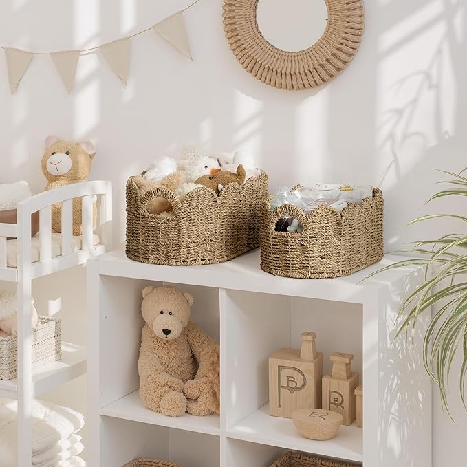 StorageWorks Scalloped Wicker Basket, Hand-woven Rattan Baskets with Built-in Handles, Seagrass Basket for Organizing and Decor, 2 Pack