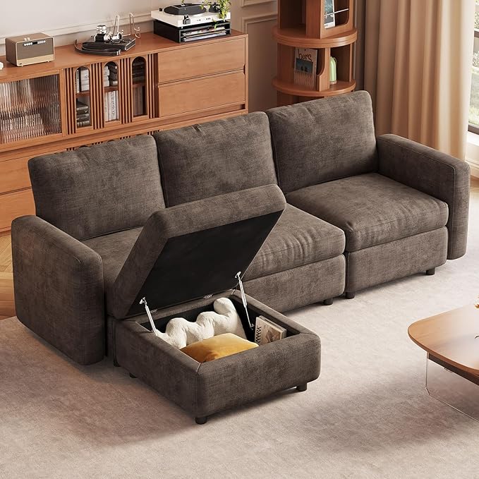 4-Seat Modular Sectional Sofa Couch with Ottoman Storage, Convertible Sleeper Sofas for Living Room Bedroom Apartment, Brown Cloud Futon Lounge Couches Furniture Set