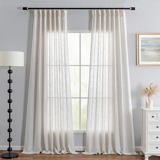 MYSKY HOME Living Room Curtains for Windows, Semi Sheer Linen Curtains Boho Room Decor Sliding Glass Patio Doorways Pinch Pleated Light Filtering Privacy Protect Soft Texture, 40" x 90", Linen, 2 PCS
