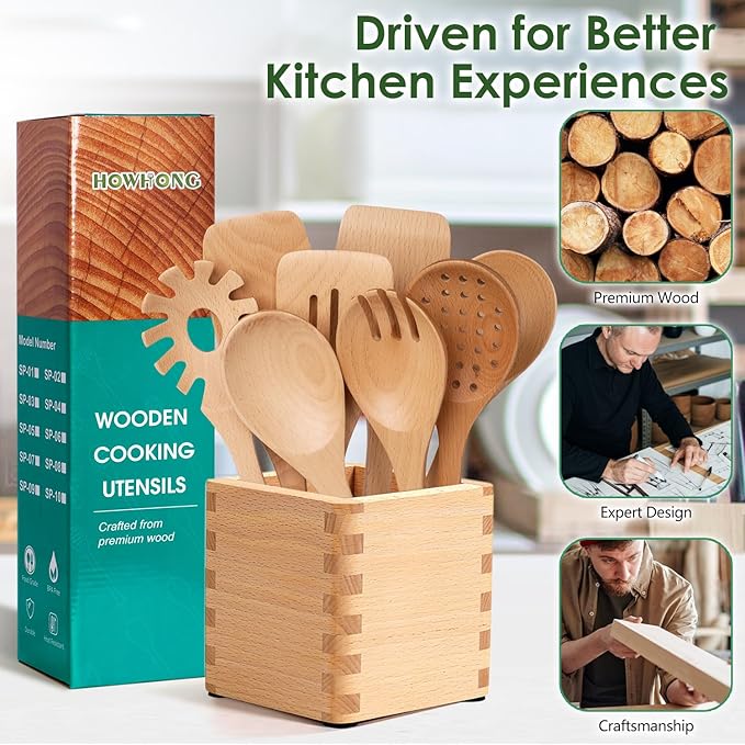 Kitchen 8-Piece Beech Wood Kitchen Utensil Set – Wooden Cooking Spoons with Spatula, Skimmer, Pasta Scoop & Turner, Durable Wooden Cooking Tools Safe for Nonstick Cookware by Howhong