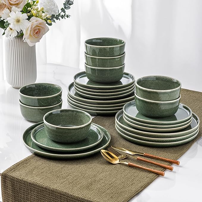 AmorArc Stoneware Dinnerware Sets,Round Reactive Glaze Ceramic Plates and Bowls Set,Highly Scratch Resistant | Dishwasher & Microwave Safe Dishes,Service for 6 (18pc) Jade Green