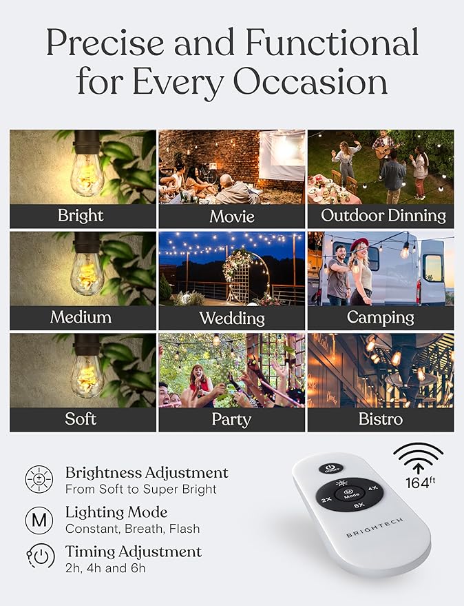 Brightech Ambience Pro Super Bright Solar Outdoor String Lights: Security, Visibility & Ambience - Heavy Duty Waterproof Patio Lights - Edison Spiral Shatterproof Bulbs - 4W Soft White Remote Control
