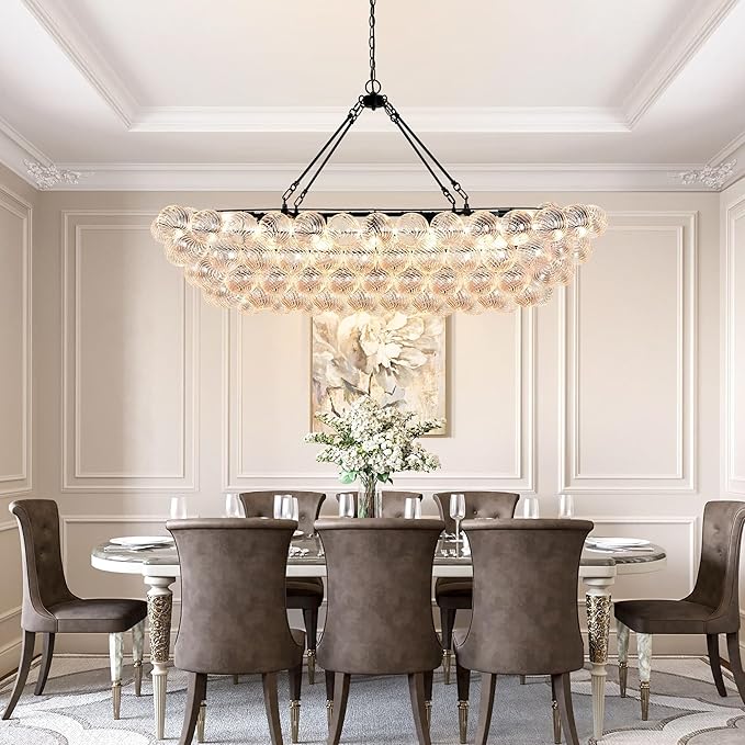 Modern Glass Chandelier Luxury Bubble Chandelier Black Clear Blown Glass Large Pendant Light for Dining Room, Living Room, Foyer, Staircase Dia 55"