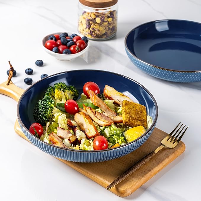 GBHOME 9.5'' Large Pasta Bowls, 42 Ounce Stoneware Salad Bowls for Kitchen, Ceramic Serving Bowls With Textured Pattern for Pasta,Fruit, Stews,Noodle, House-warming Gift, Set of 4-Moonlight Blue