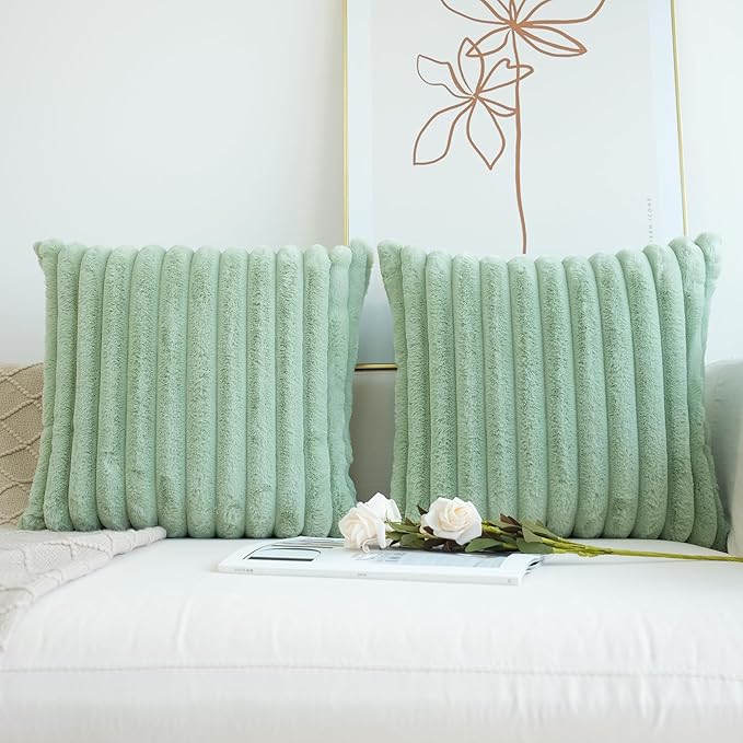 JOJUSIS Pack of 2 Faux Fur Plush Decorative Throw Pillow Covers Couch Cushion Case Soft Pillowcases (Sage Green, 18 x 18-Inch)