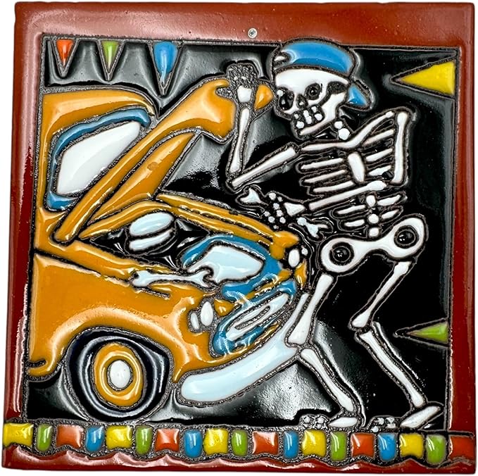Talavera Tiles Day of The Dead Car Mechanic Mexican Pottery Mexican Tiles Folk Art Cute Indoor Outdoor Home Decor Handmade Hand Painted 6"