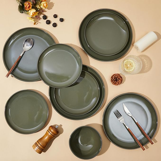 24 Piece Dinnerware Set for 8, Santorini Mist Terracotta Plates and Bowls Sets, Complete Stoneware Dish Set for Large Families and Entertaining, Microwave & Dishwasher Safe, Blackish Green