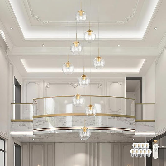 KoKo&Yukina 9-Light Globe Glass Pendant Light Adjustable Length Pendant Lights Fixtures Modern Gold Clear Globe Glass Chandelier High Ceiling Lights Fixtures for Foyer Staircase (Bulb & Remote Incl)