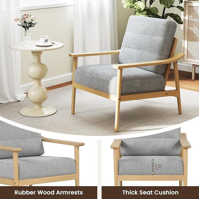 Giantex Mid Century Modern Accent Chair Set of 2, Max Load 440 LBS Upholstered Living Room Chair w/Rubber Wood Armrests & Legs, Removable Back Cushion, Comfy Reading Arm Chair for Bedroom