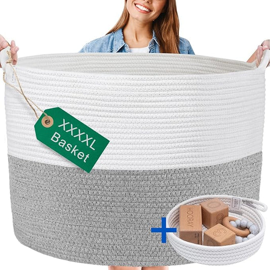 XXXXL WASHABLE Jumbo 125L Extra Large Blanket Basket, Woven Decorative Cotton Rope Basket with Handles for Laundry, Living Room, Baby Toys Nursery, Storage, Organization Bins 24" x 17" (Grey & White)