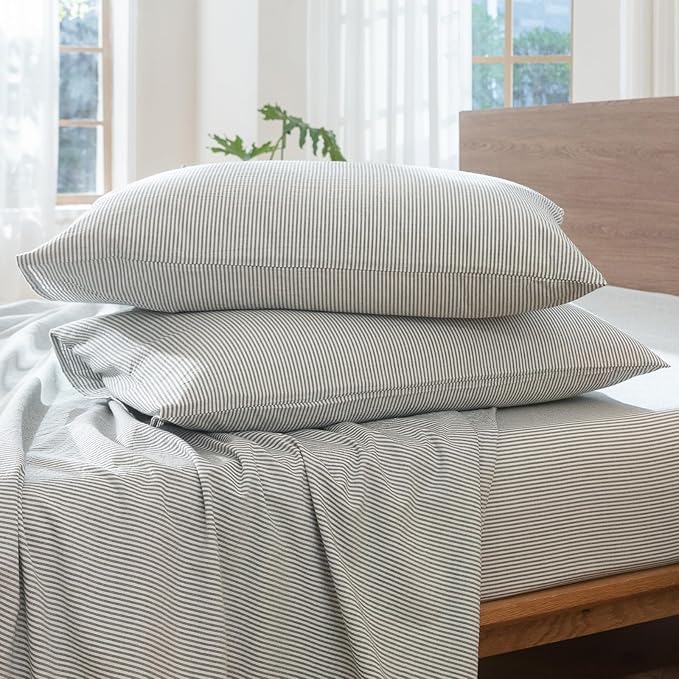 MooMee Striped Duvet Cover Set 100% Washed Cotton Linen Like Textured Breathable Durable Soft Comfy (Heathered Green Pinstripes, Super King 108"x98")