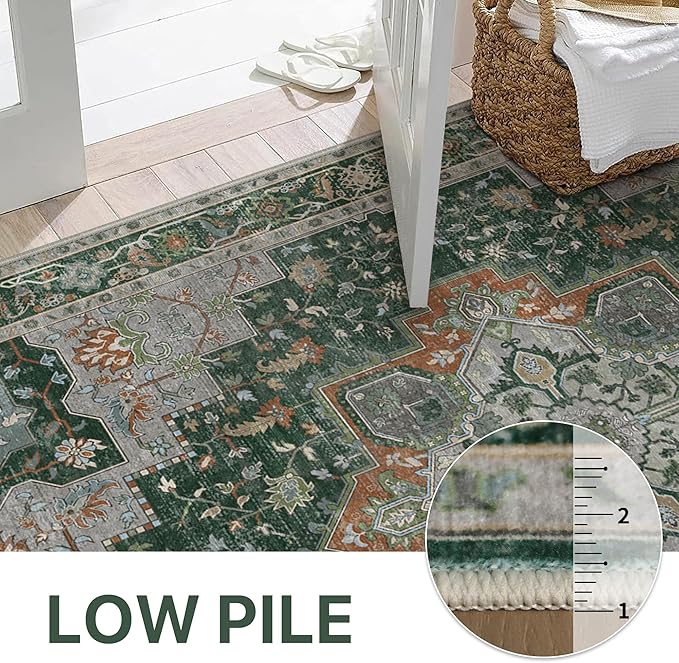 GENIMO 8x10 Area Rugs for Living Room, Machine Washable Non Slip Vintage Rugs, Low Pile Lightweight Chenille Print Rug for Bedroom, Dining Room, Home Office,Pine Green