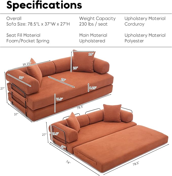 Convertible Sleeper Sofa Bed with Cylindrical Pillow, Corduroy Folding Mattress Couch with Fixed-Shape Frame, Floor Sofa Lounge Couch for Living Room Bedroom Lounge Studio, Orange