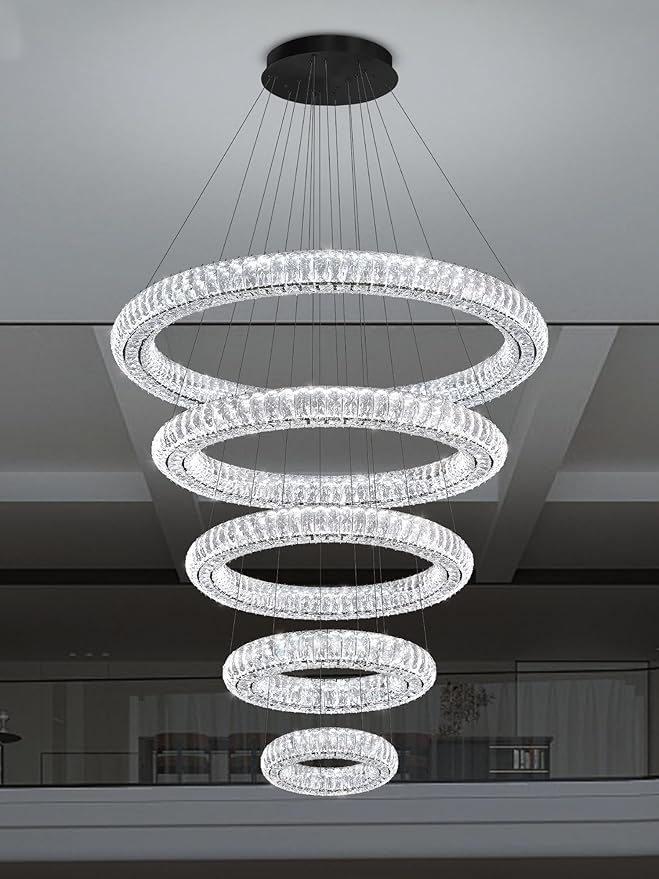 Modern Crystal Chandelier Lighting, Black 5 Ring Chandeliers LED Ceiling Lights Fixtures High Ceiling Chandeliers for Staircase, D8''+15.7"+23.6"+31.5"+39.4"