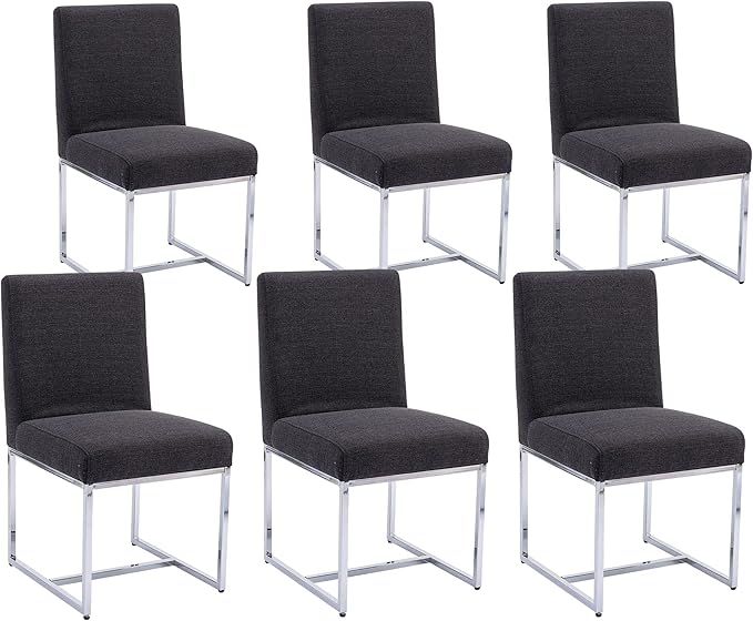 VESCASA Linen Upholstered Dining Chairs Set of 6, Mid Century Modern Padded Chair with Chrome Metal Frame for Restaurant, Dining Room, Kitchen, Charcoal