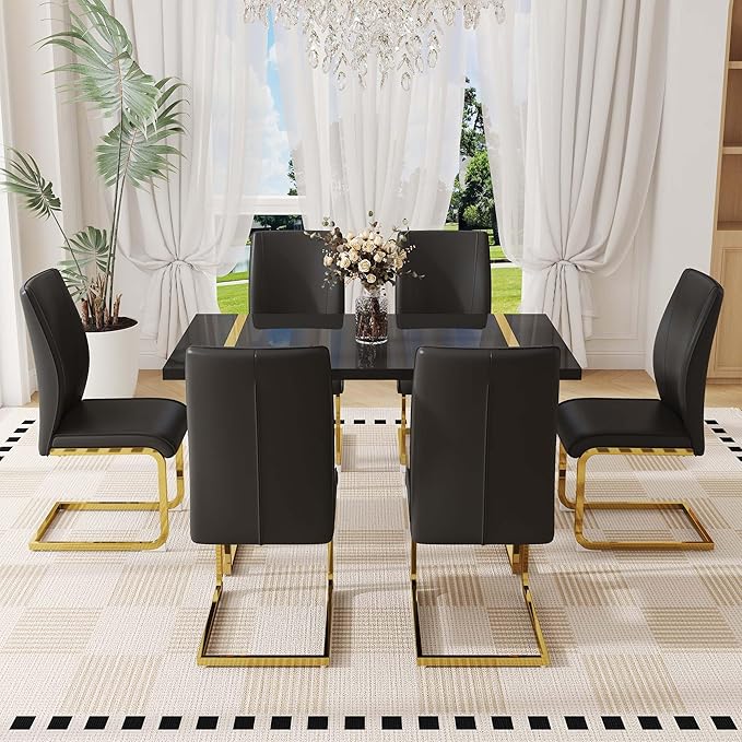 Black Dining Table Set for 6, 55" Dinner Table Set for 6, 1.5" Black Glossy Wood Tabletop with Gold Metal Legs, Modern Kitchen Table Set with 6 Bow-legged Faux Leather Chairs for Dining, Small Space