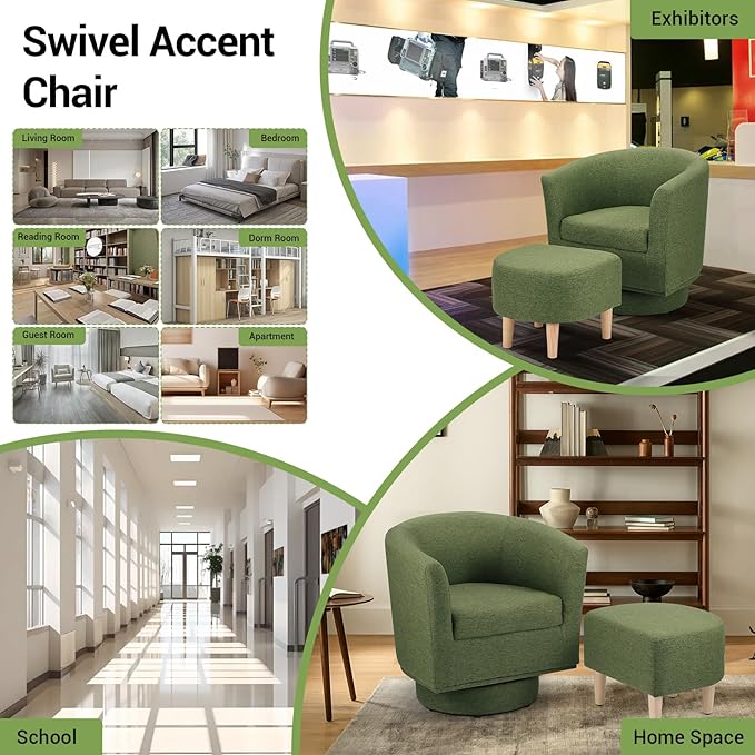 DAZONE Green Swivel Accent Chair with Ottoman, Comfy Barrel Armchair for Small Spaces, 360° Modern Fabric Lounge Chair for Living Room, Bedroom, Reading Nook, Home Office
