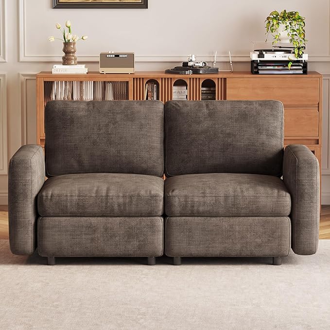 2-Seat Modular Sofa Couch for Small Spaces, Convertible Sleeper Loveseat with Ergonomic Cushions, Brown Cloud Futon Lounge Sectional Furniture for Living Room Bedroom Apartment