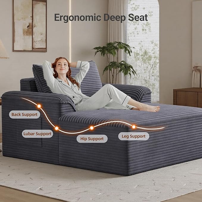 Claiks 68" Oversized Chaise Lounge Chair Indoor, Corduroy Upholstered Boneless Sofa Bed, Deep Seat Sleeper Couch with Pillows and Armrest, Cloud Sofas Reading Chair for Living Room, Dark Gray