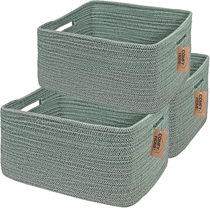 COMFY-HOMI 3 pcs Large Storage Baskets for Shelves, Laundry Basket, Woven Rope Basket, Closet Organizer Bins for Clothes Blanket Towels, Baby Nursery, Gift Toy Baskets, 17” x 13” x 7.5”-green