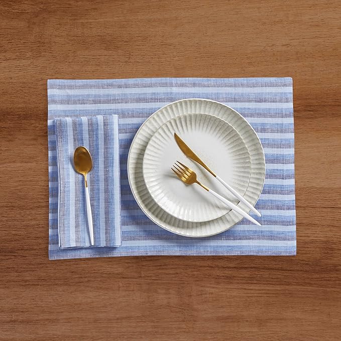 Solino Home Linen Cloth Placemats Set of 4 - Amalfi Stripe 100% Pure Linen Bistro Blue Farmhouse Placemats 14 x 19 Inch