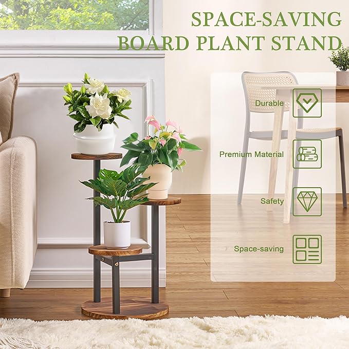 VECELO 3 Tier Plant Stand Indoor Outdoor, Tall Metal Wood Flower Shelf for Multiple Plants, Small Tiered Round Corner Display Rack, Planter Pot Holder for Patio Garden Balcony Living Room Bedroom