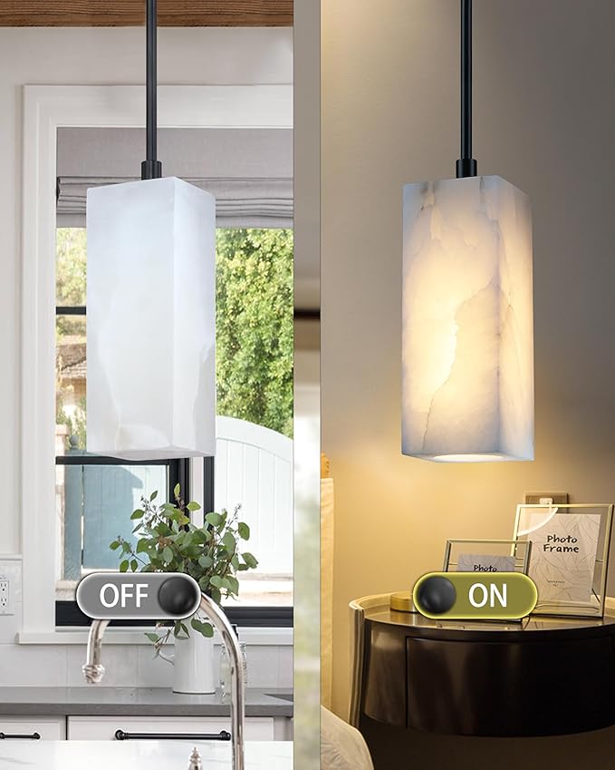 1 Light Modern Industrial Farmhouse Hanging Kitchen Island Pendant Ceiling Light Fixture,Square Cylinder Natural Alabaster Marble Black Finish Over Sink Restaurant bar Corridor