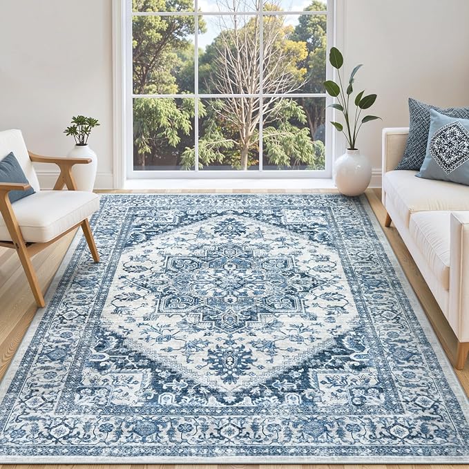 LIVEBOX Blue Washable Area Rug 5x7 - Large Vintage Tribal Living Room Non-Slip Indoor Carpet for Bedroom, Low-Pile Retro Print Distressed Accent for Nursery Entryway Office