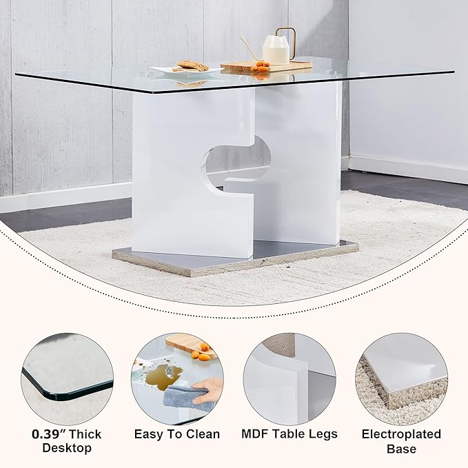 Glass Dining Table Set for 6, 63" White Dinner Room Table Set for 6, Modern Kitchen Table with 6 Upholstered PU Leather Dining Chairs for Dining Room