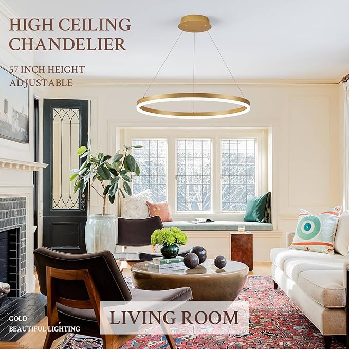 Modern LED Pendant Lighting 24'' Ring Chandelier Gold Dimmable LED Chandelier for Dining Room 36W Adjustable Pendant Light Fixture for Living Room Bedroom Home Office Foyer, 3000-6500K