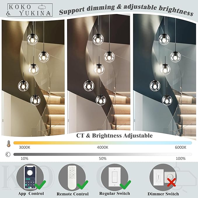 KoKo&Yukina 5-Light Globe Glass Pendant Light Adjustable Length Pendant Lights Modern Black Clear Globe Glass Chandelier High Ceiling Lights Fixtures for Foyer Staircase Entryway (Bulb & Remote Incl)