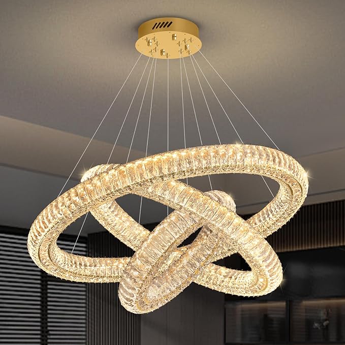 Gold 3 Rings Crystal Chandeliers for Living Room Modern LED Dimmable Crystal Ring Hanging Pendant Light Adjustable D24in+D32in+D40in