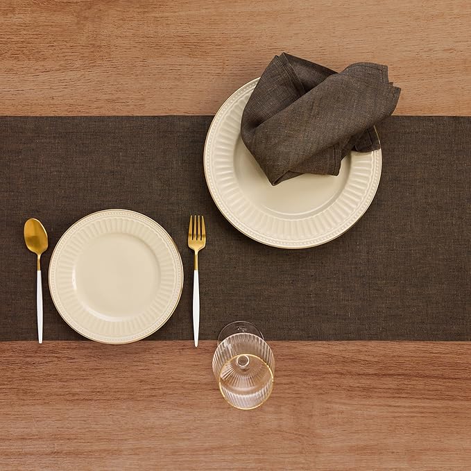 Solino Home Linen Small Table Runner 60 Inches - Athena, 100% Pure Linen Chambray Brown Table Runner 14 x 60 Inch Ideal for Dresser and Coffee Tables - Fall, Autumn, Thanksgiving