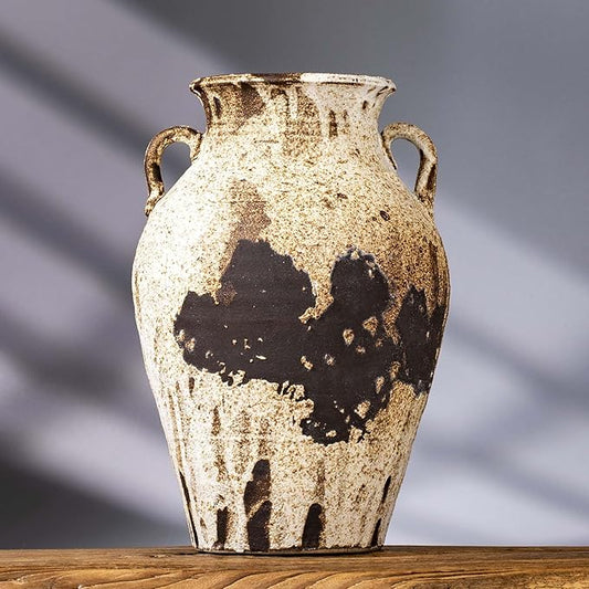 Pottery Vase - Vintage Rustic vase, 10" White Farmhouse Weathered Terracotta Vases, Handmade Clay Vase with Two Handles, Tall Textured Antique vases for Home Decor, Entryway, Fireplace Mantel Deco