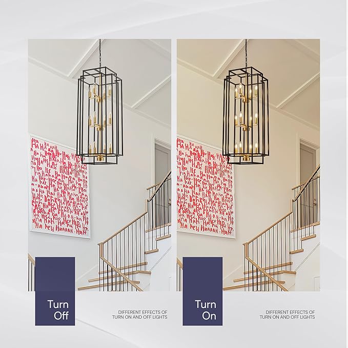 12-Light Lantern Tiered Pendant Light Fixtures, Black Metal Farmhouse Chandelier Hall Foyer Hanging Chandelier for Kitchen Island Dining Room Living Room Foyer Entryway, Black+Gold