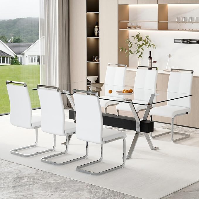7 Piece Glass Dining Table Set, 79" Modern Dining Table Set for 6, 0.5" Thick Tempered Glass Tabletop with Silver Chrome Metal Legs and Black Crossbar, 6 PU Chairs for Dining Room, Kitchen