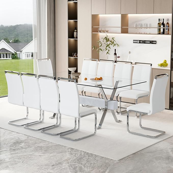 11 Piece Glass Dining Table Set, 79" Modern Dining Table Set for 10, 0.5" Thick Tempered Glass Tabletop with Silver Chrome Metal Legs and Grey Crossbar, 10 PU Chairs for Dining Room, Kitchen