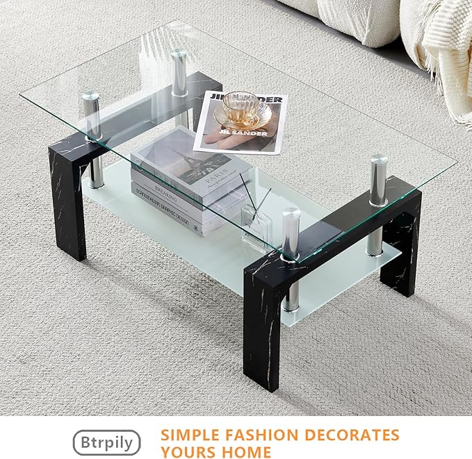 Living Room Rectangle Coffee Table, Tea Table Suitable for Waiting Room, Modern Side Coffee Table with Wooden Leg, Glass Tabletop with Lower Shelf, Black Marble Leg.