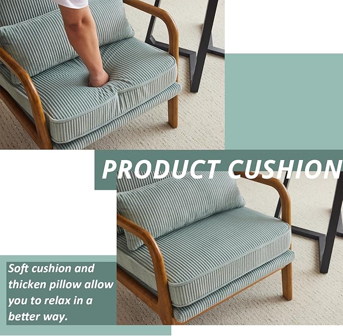 Karl home Mid-Century Modern Accent Chair, Living Room Chairs with Pillow Corduroy Upholstered Lounge Armchair with Solid Wood Frame & Soft Cushion for Bedroom, Reading Room, Teal