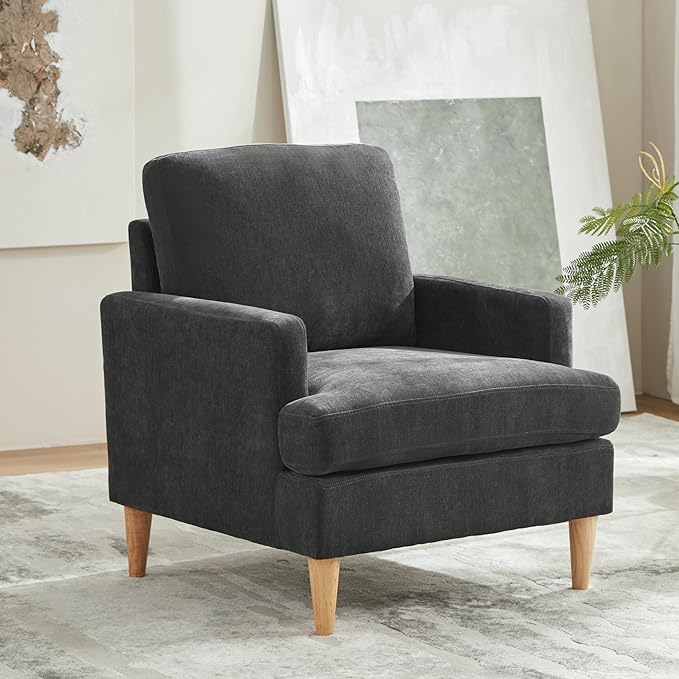 VKNOW Mid-Century Accent Chair, Modern Upholstered Chenille Armchair for Living Room,Comfy Reading Accent Chairs with Wood Legs for Bedroom, Dark Grey