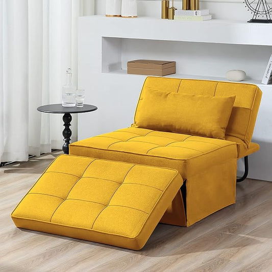 BIGSYY Sofa Bed, 4 in 1 Multi-Function Folding Ottoman Breathable Linen Couch Bed with Adjustable Backrest Modern Convertible Chair for Living Room Apartment Office, Yellow