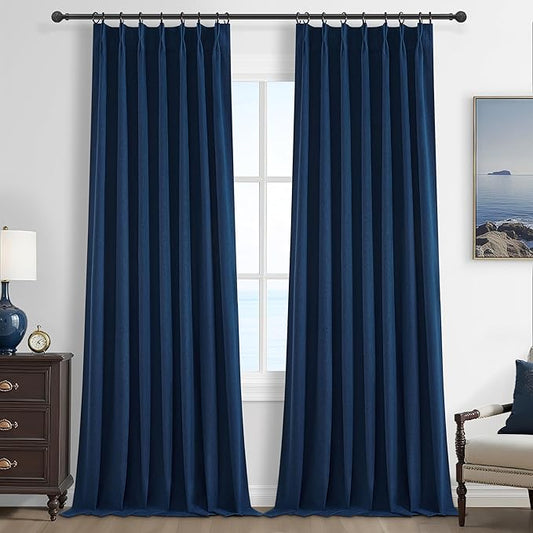 Navy Blue Blackout Curtains 96 Inch Length for Kids/Boys Rooms/Bedroom, Pinch Pleated Drapes with Hooks Viral Linen Thermal Coastal Curtain Dark Blue Window Burg (40" Wx96 Lx 2 Panels)