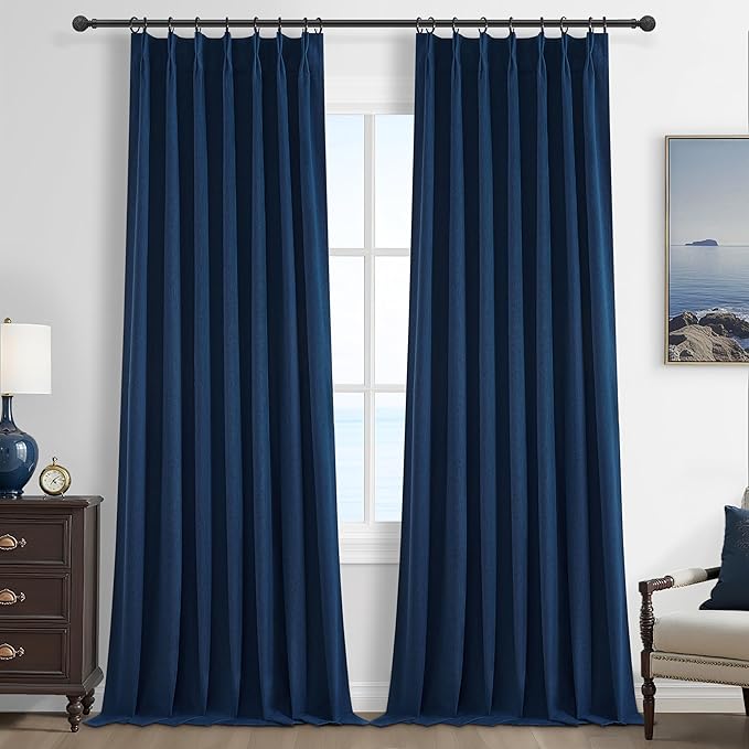 Navy Blue Blackout Curtains 108 Inch Length for Kids/Boys Rooms/Bedroom, Pinch Pleated Drapes with Hooks Viral Linen Thermal Coastal Curtain Dark Blue Window Burg (40" Wx108 Lx 2 Panels)