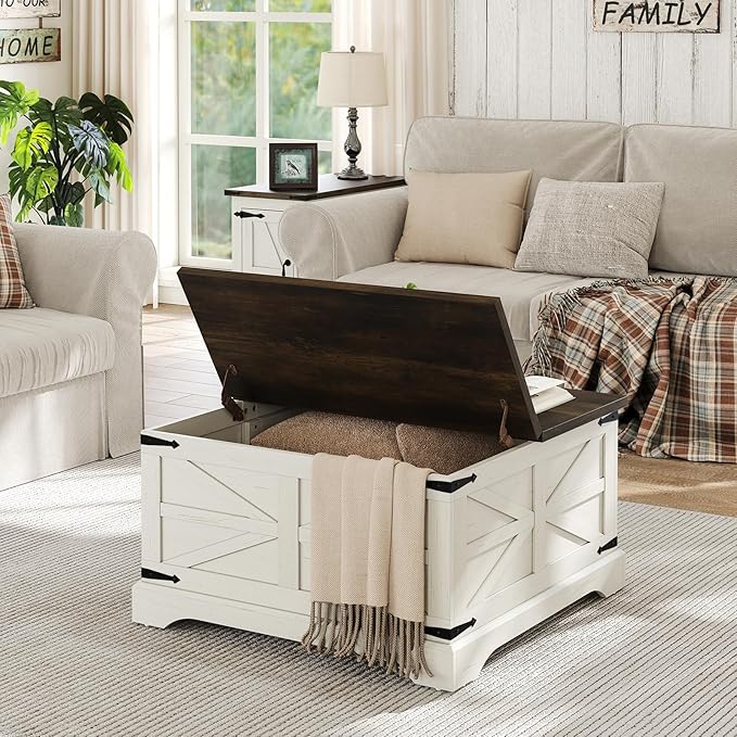 Furnideco Farmhouse Lift Top Coffee Table, Square Wood Center Table with Large Hidden Storage Compartment for Living Room, Rustic Cocktail White Modern Table with Hinged Lift Top, Brown Top