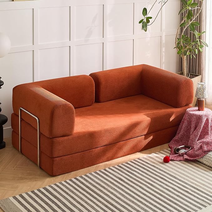 Modern Convertible Lounge Chair, Corduroy Fabric, Square Platform Design with Metal Frame, Floor Sofa Bed with Fixed-Shape Frame,Living Room Seating with Armrest (Orange, 3-Seater Sofa)